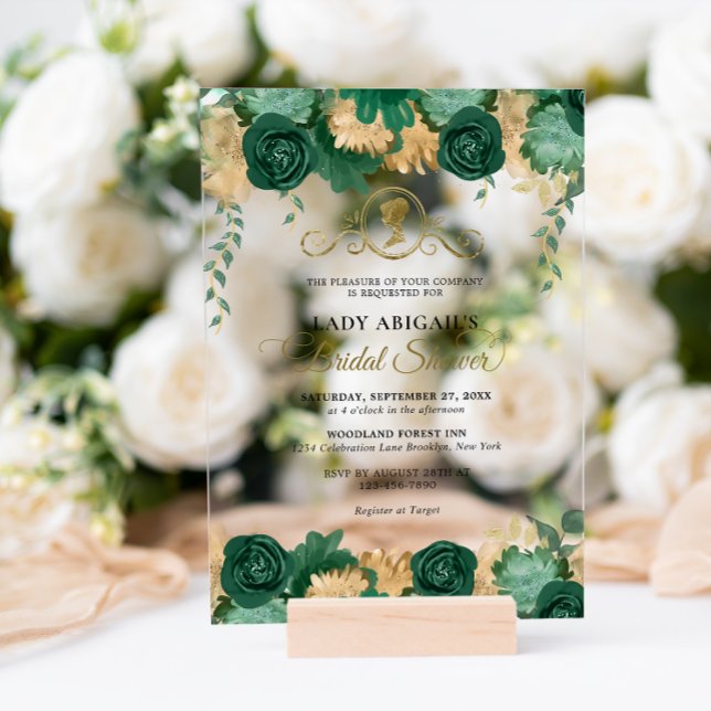 Elegant Emerald Floral Victorian Bridal Shower Acrylic Invitations (Creator Uploaded)