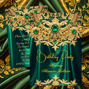 Elegant Emerald gems Gold Lace Damask Birthday Invitation