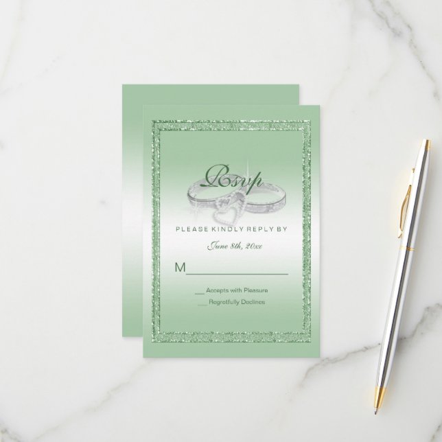 Elegant Emerald Glitter & Silver Wedding Rings RSVP Card (Front/Back In Situ)