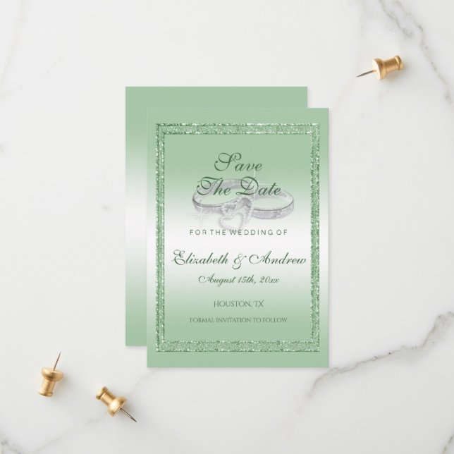 Elegant Emerald Glitter & Silver Wedding Rings Save The Date (Front/Back In Situ)