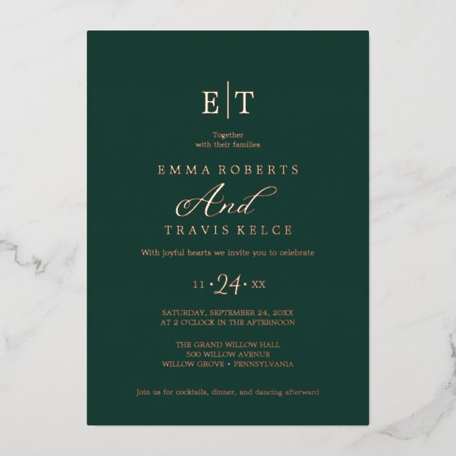 Elegant Emerald & Gold Foil Monogram Wedding  (Front)