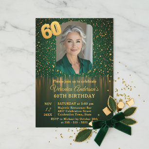 Elegant Emerald Gold Glitter 60th Birthday Party Invitation