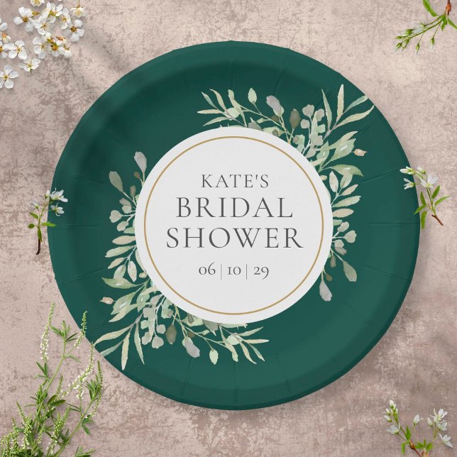Elegant Emerald Gold Greenery Bridal Shower Paper Plate (Creator Uploaded)