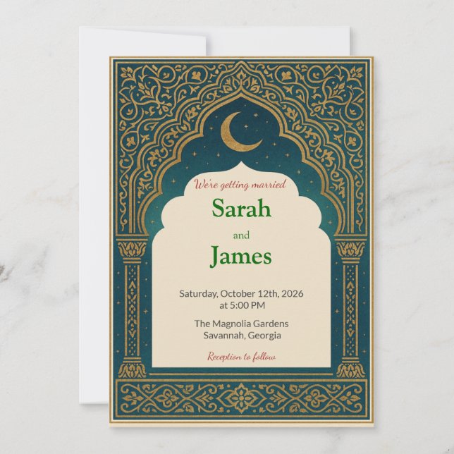 Elegant Emerald & Gold Ornate Arch Wedding Invitat Invitation (Front)
