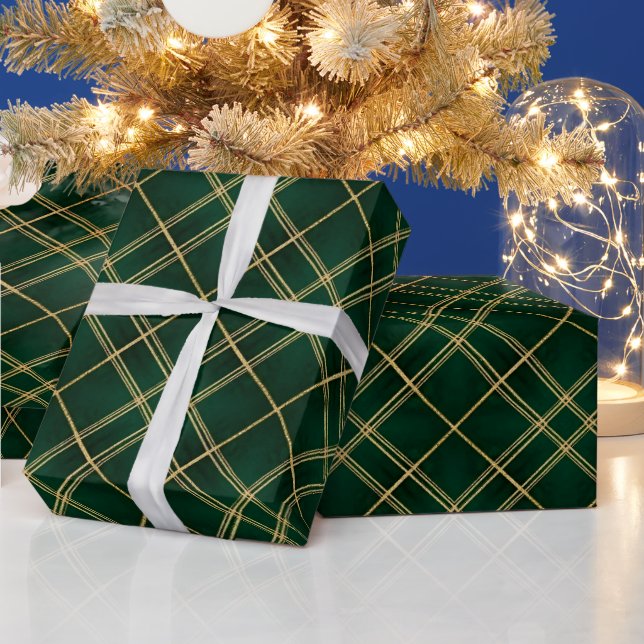 Elegant Emerald Gold Plaid Christmas Wrapping Paper (Holidays)