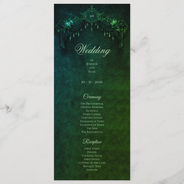 Elegant emerald Gothic Halloween Wedding Program (Front)