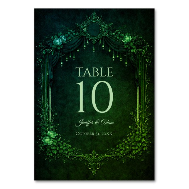 Elegant emerald Gothic Wedding Table number (Front)