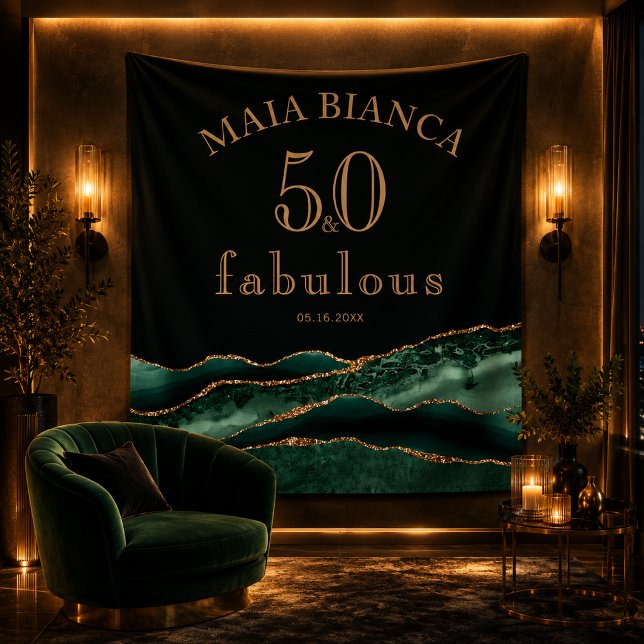 Elegant Emerald Green Agate 50th Birthday Backdrop Tapestry (Luxury emerald green agate 50th birthday tapestry photo backdrop.)