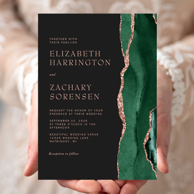 Elegant Emerald Green Agate Rose Gold Wedding Invitation (Creator Uploaded)
