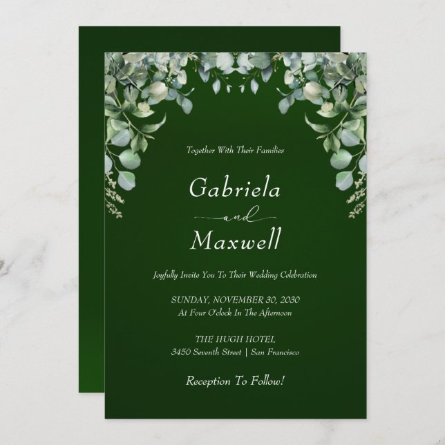 Elegant Emerald Green and Eucalyptus Wedding Invitation (Front/Back)