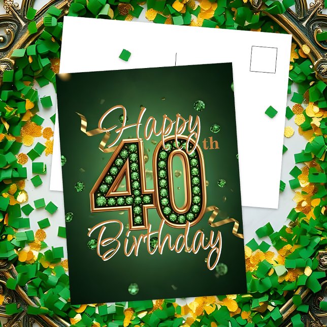 Elegant Emerald Green and Gold 40th Birthday Postcard (Creator Uploaded)