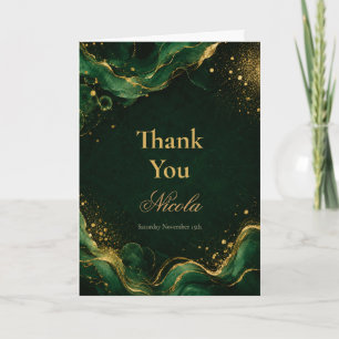 Elegant Emerald Green and Gold Alcohol Ink Thank You Card