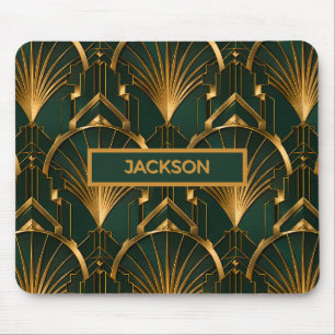 Elegant Emerald Green and Gold Art Deco Monogram Mouse Pad