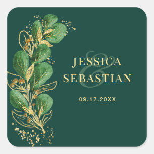 Elegant Emerald Green and Gold Eucalyptus Wedding Square Sticker