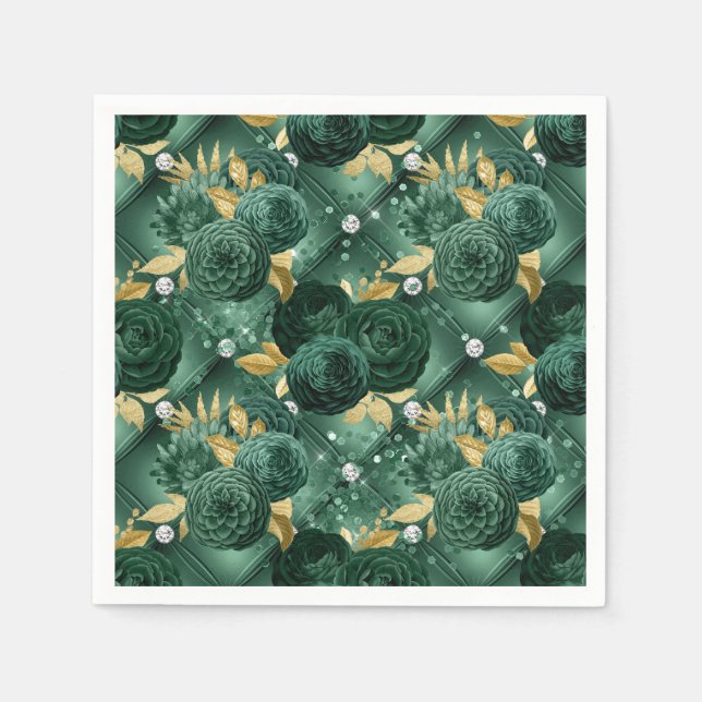 Elegant Emerald Green and Gold Floral Wedding Napkin (Front)
