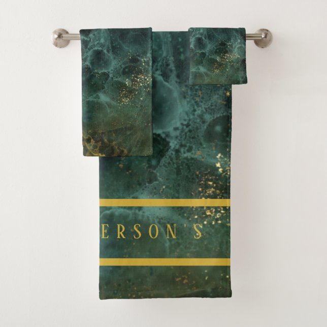 Elegant Emerald Green And Gold Glitter Custom Bath Towel Set (Insitu)