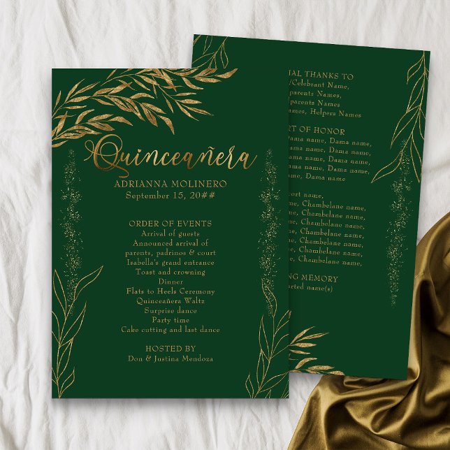 Elegant Emerald Green and Gold Leaf Quinceanera Program (Emerald Green Quinceanera Program from my Gold Leaf Quinceanera Collection)