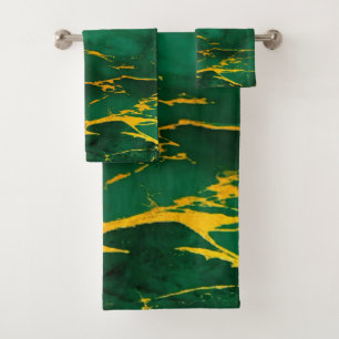 Elegant Emerald Green and Gold Marble Bath Towel Set