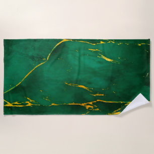 Elegant Emerald Green and Gold Marble Beach Towel