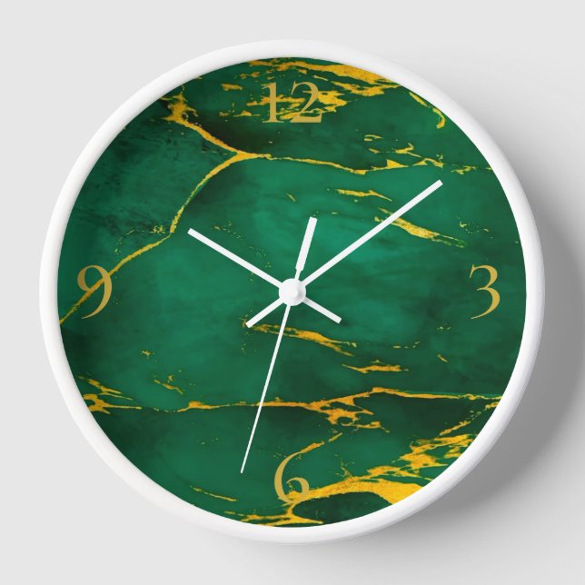 Elegant Emerald Green and Gold Marble Clock (Front)