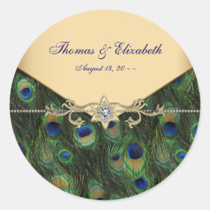 Elegant Emerald Green and Gold Peacock Wedding Classic Round Sticker