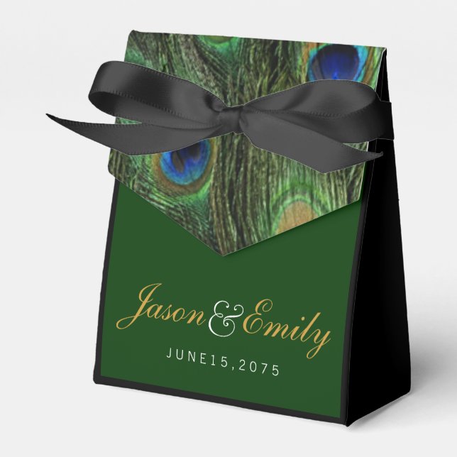 Elegant Emerald Green and Gold Peacock Wedding Favour Box (Front Side)
