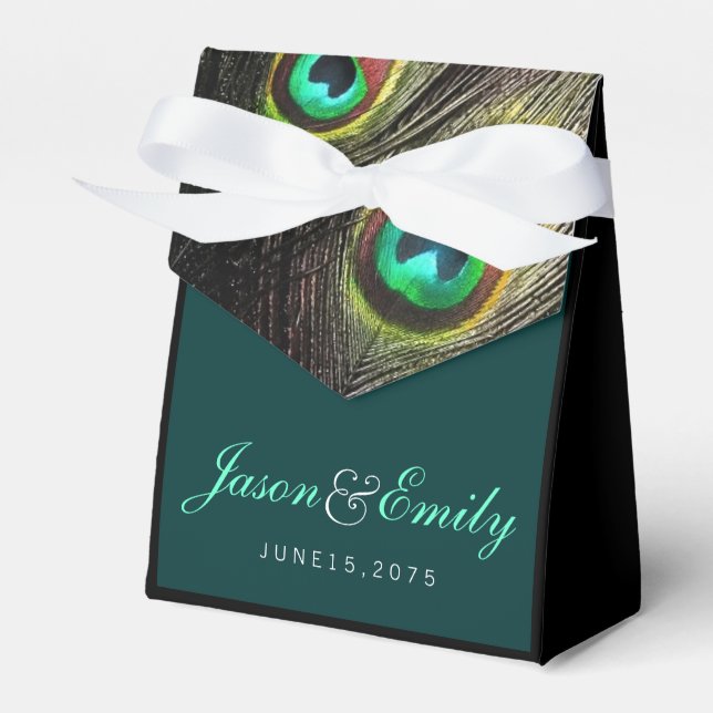 Elegant Emerald Green and Gold Peacock Wedding Favour Box (Front Side)