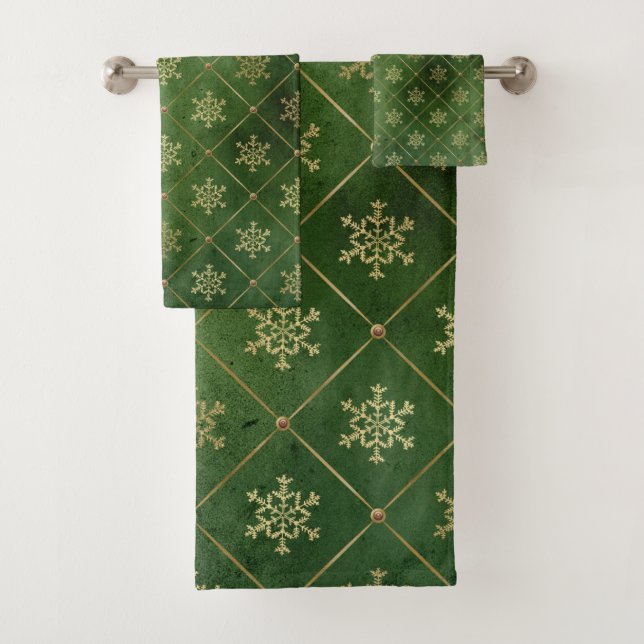 Elegant Emerald Green and Gold Snowflakes Bath Towel Set (Insitu)