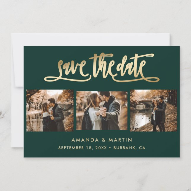 Elegant Emerald Green and Gold Wedding 3 Photo Save The Date (Front)