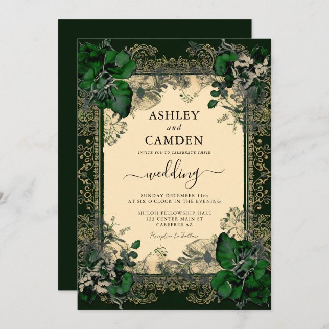 Elegant Emerald Green and Gold Wedding Invitation (Front/Back)