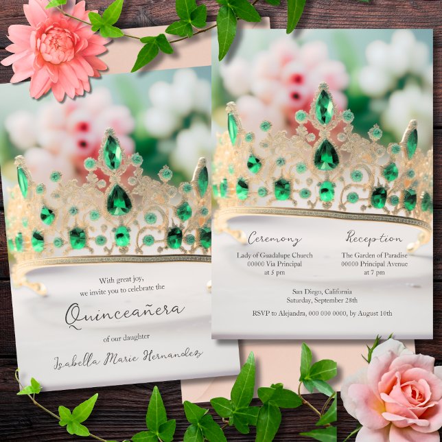 Elegant Emerald Green And Golden Tiara Quinceañera Invitation (Creator Uploaded)