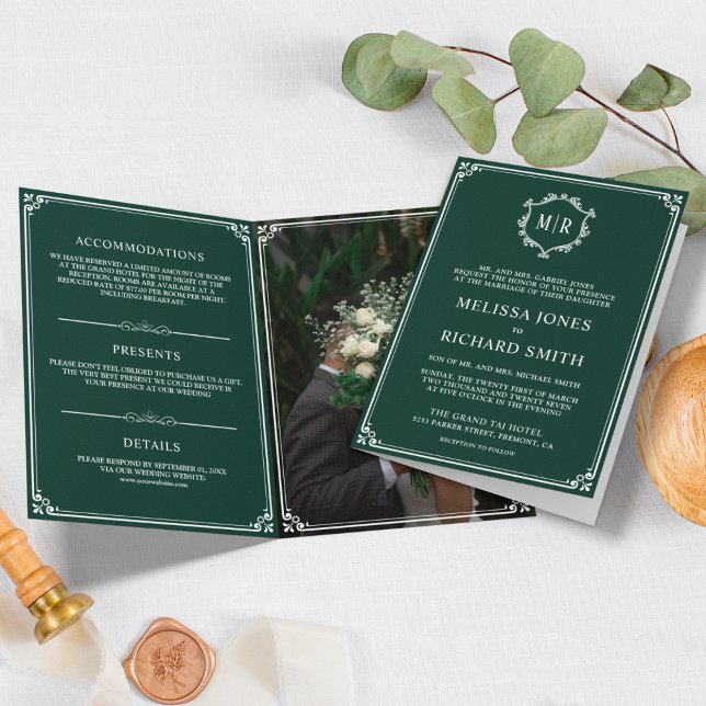 Elegant Emerald Green and White Monogram Wedding Invitation (Creator Uploaded)