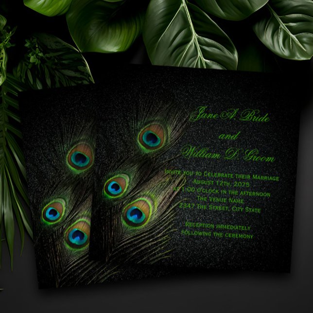 Elegant Emerald Green Black Gold Peacock Wedding Invitation (Elegant peacock wedding invitations with beautiful peacock feathers on a black background.)