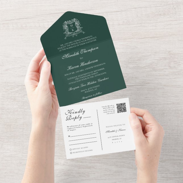 Elegant Emerald Green Black Vintage Crest QR Code All In One Invitation (Tearaway)