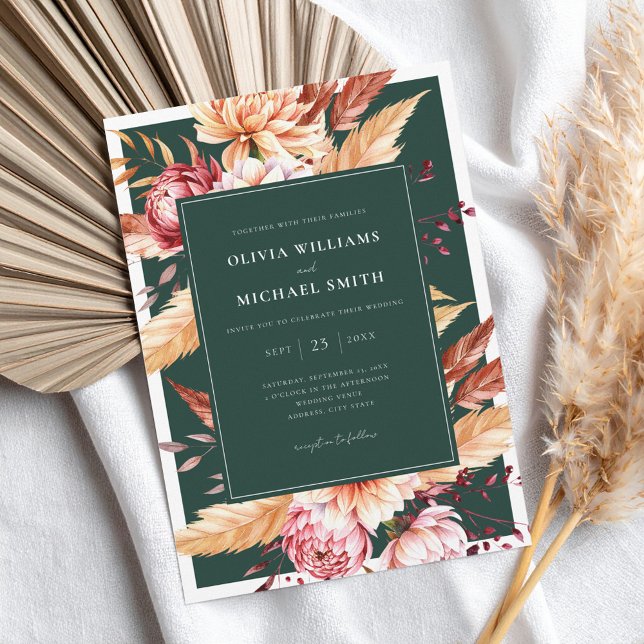 Elegant Emerald Green Boho Chic Floral Wedding Invitation (Creator Uploaded)