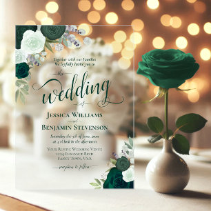 Elegant Emerald Green Boho Roses Fancy Wedding Acrylic Invitations