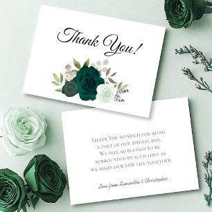 Elegant Emerald Green Boho Roses Wedding Thank You Card