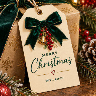 Elegant Emerald Green Bow Merry Christmas Gift Tag