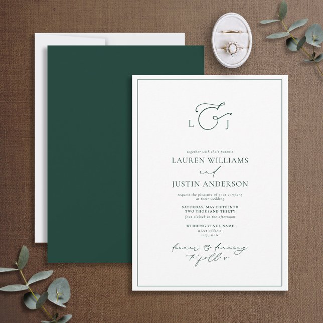 Elegant Emerald Green Calligraphy Monogram Wedding Invitation (Creator Uploaded)