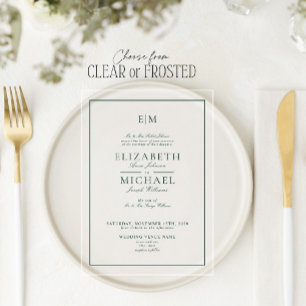 Elegant Emerald Green Classic Monogram Wedding Acrylic Invitations