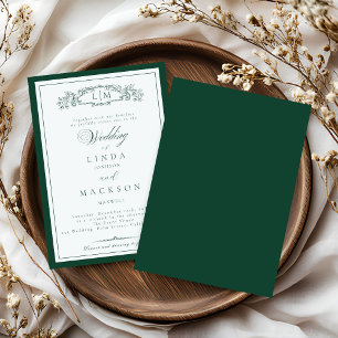 Elegant Emerald Green Crest Monogram Wedding In Invitation