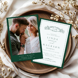 Elegant Emerald Green Crest Monogram Wedding Invitation