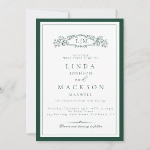 Elegant Emerald Green  Crest Monogram Wedding   Invitation