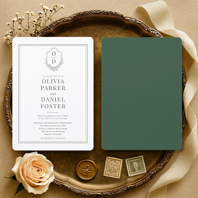 Elegant Emerald Green Crest Wedding Invitation (Creator Uploaded)