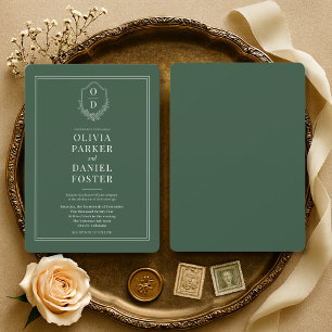 Elegant Emerald Green Crest Wedding Invitation