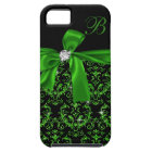 Elegant Emerald Green Damask Diamond Bow Monogram