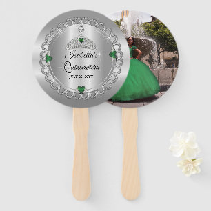 Elegant Emerald Green Diamond Crown Quinceañera Hand Fan