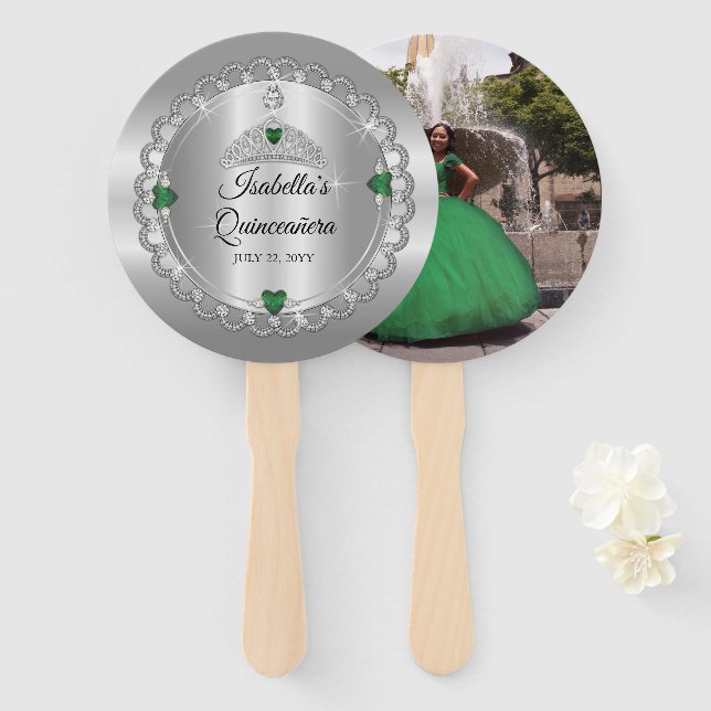 Elegant Emerald Green | Diamond Crown Quinceañera Hand Fan (Front and Back)