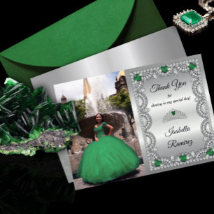 Elegant Emerald Green Diamond Crown Quinceañera Thank You Card