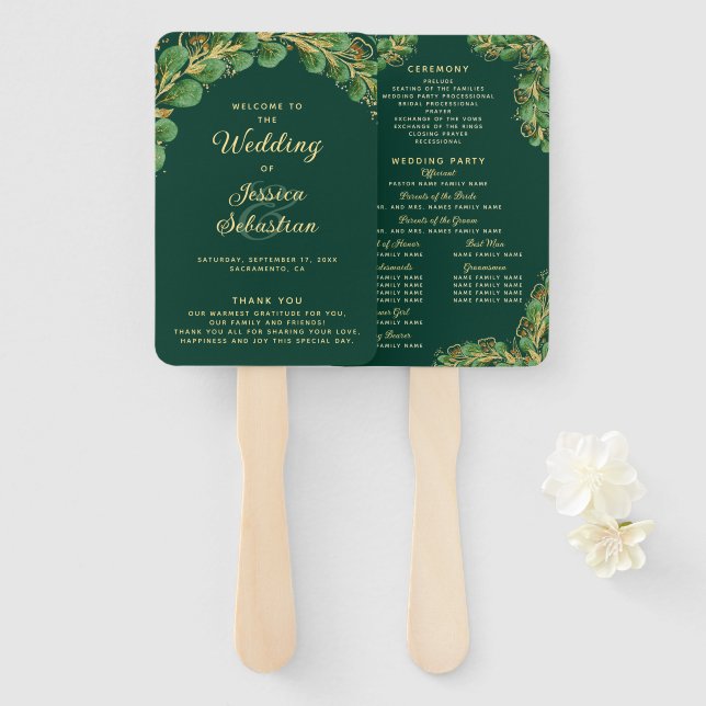 Elegant Emerald Green Eucalyptus Wedding Program Hand Fan (Front and Back)